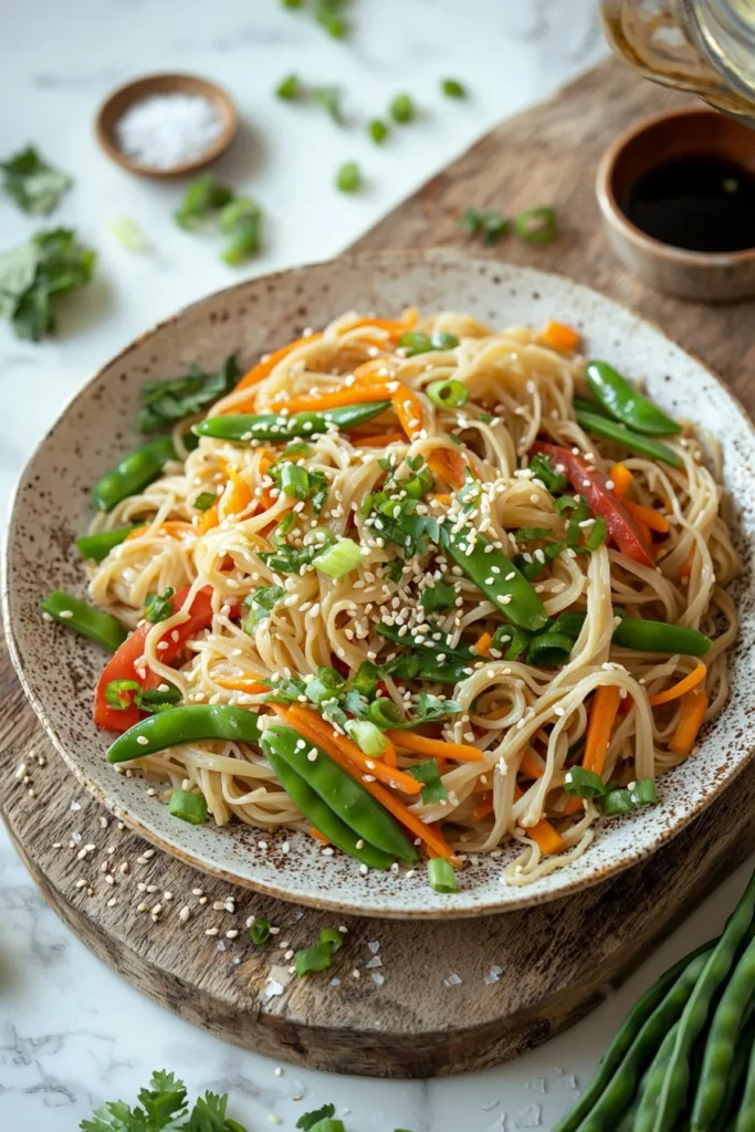 Plate of delicious Asian-style noodles garnished with fresh vegetables and herbs.