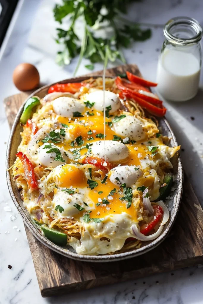 Delicious breakfast hashbrown casserole topped with cheese and baked to perfection