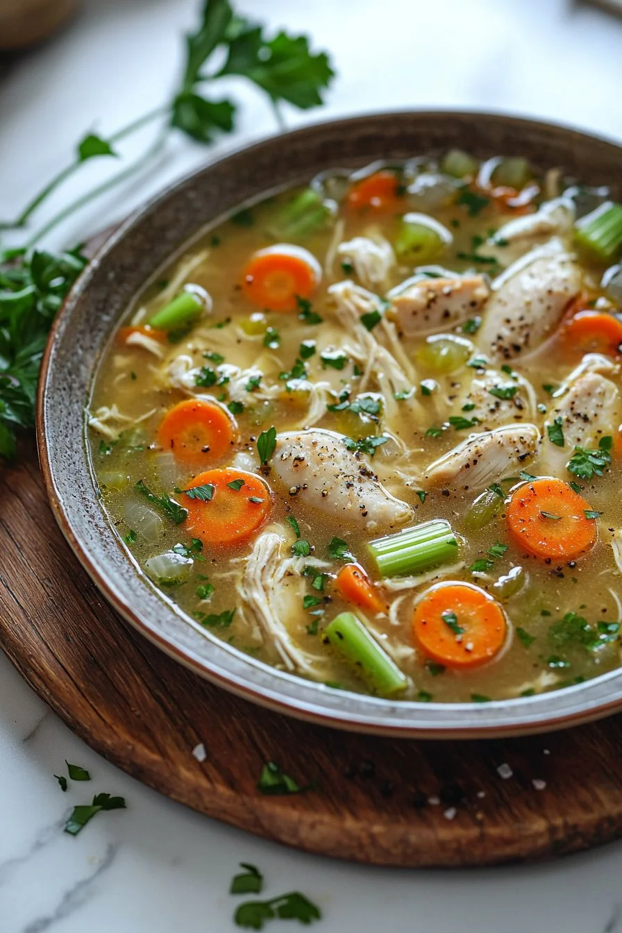 Bowl of best homemade chicken soup with vegetables and herbs