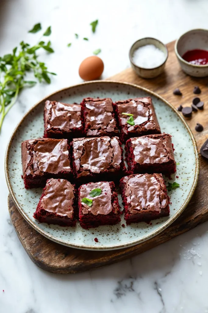 Homemade red velvet brownies topped with cream cheese frosting