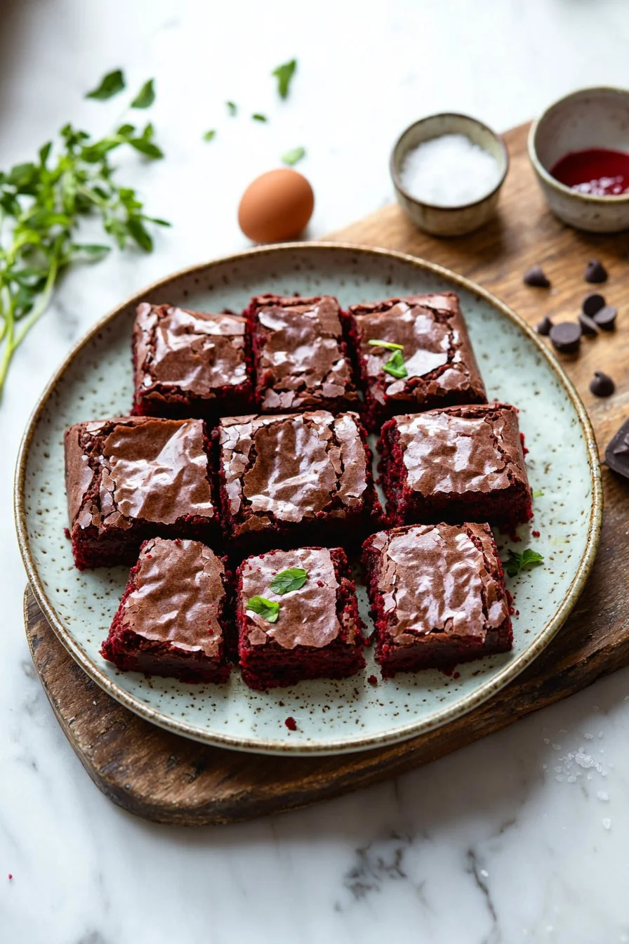 Homemade red velvet brownies topped with cream cheese frosting