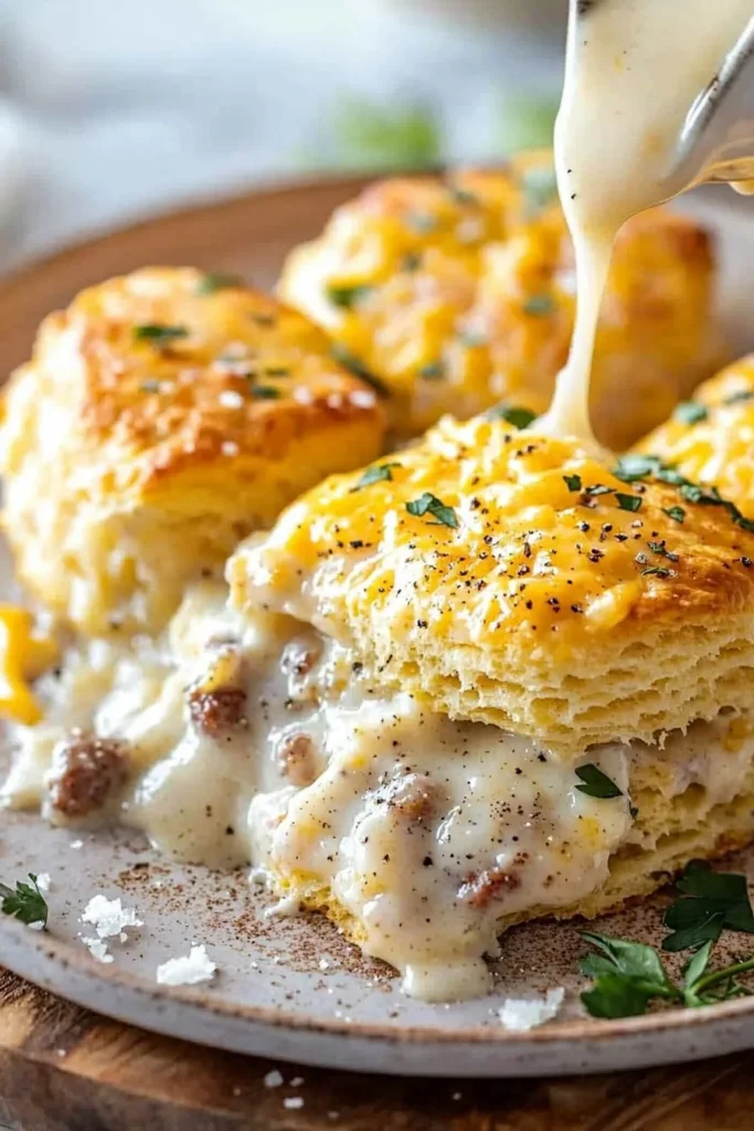 Delicious Biscuits and Gravy Casserole topped with creamy sausage gravy