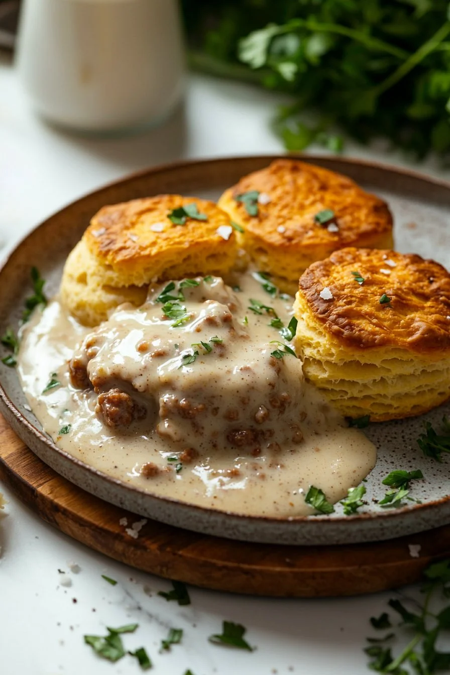 Savory biscuits and gravy casserole with sausage and creamy sauce