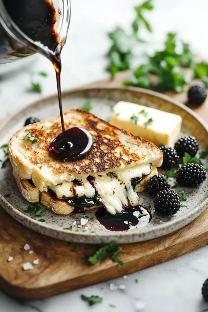 Blackberry Balsamic Brie Grilled Cheese sandwich with berries and balsamic drizzle.