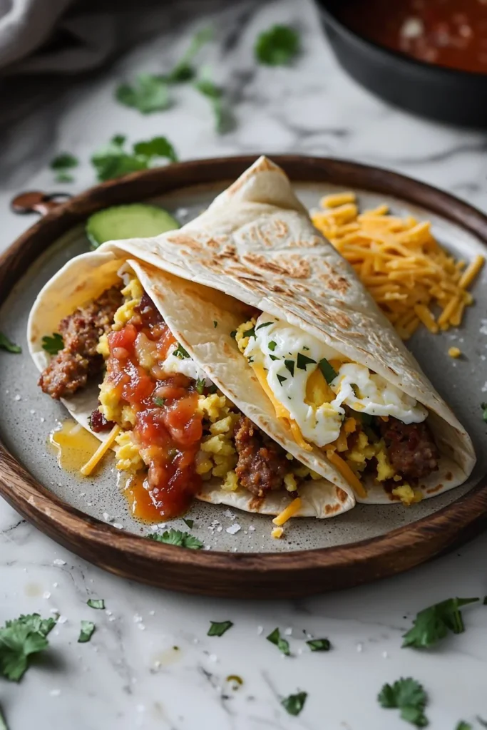 Delicious Blackstone Breakfast Crunchwrap filled with eggs, cheese, and bacon.