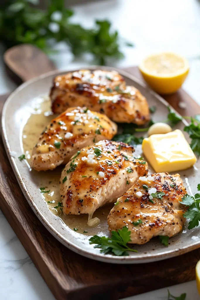 Grilled Blackstone Garlic Butter Chicken garnished with herbs