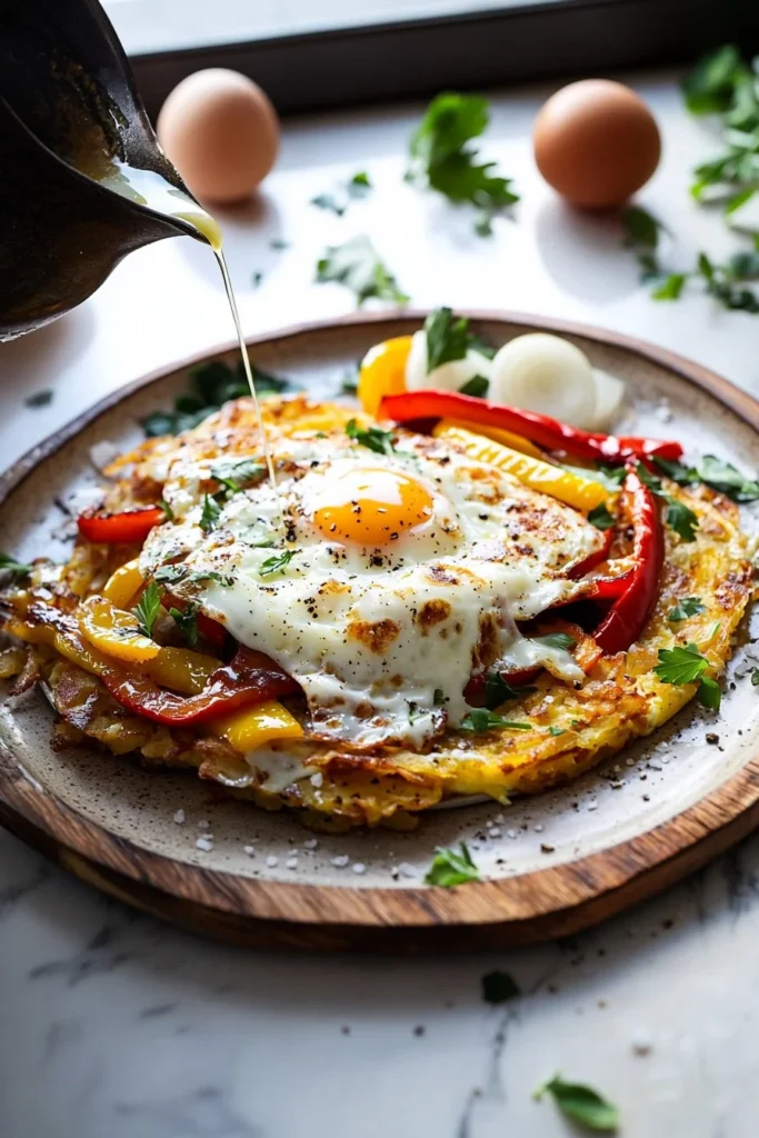 Delicious Blackstone Hash Brown Omelette topped with fresh ingredients.
