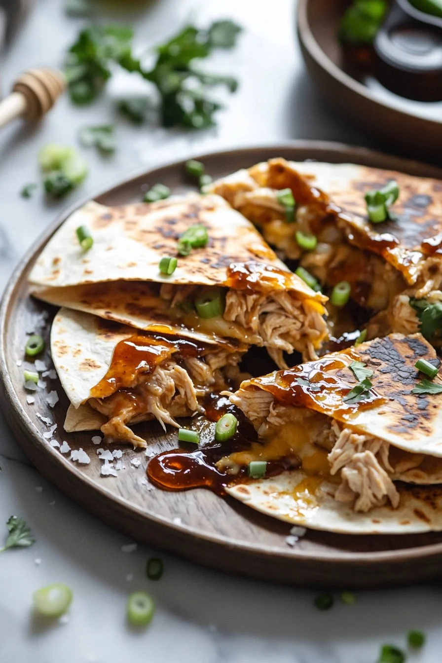 Blackstone Hot Honey BBQ Chicken Quesadillas with melted cheese and grill marks