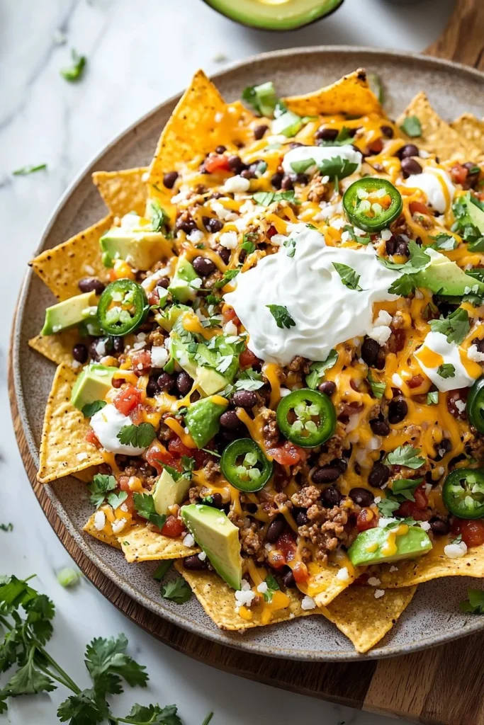 Plate of Blackstone loaded nachos topped with cheese, jalapeños, and toppings.
