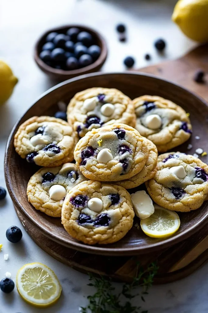 Blueberry lemon cookies with white chocolate chips on a plate
