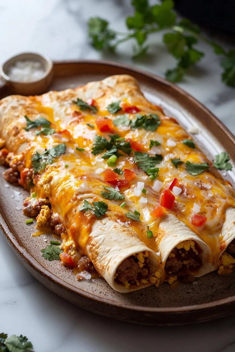 Delicious breakfast enchiladas filled with eggs, cheese, and salsa.