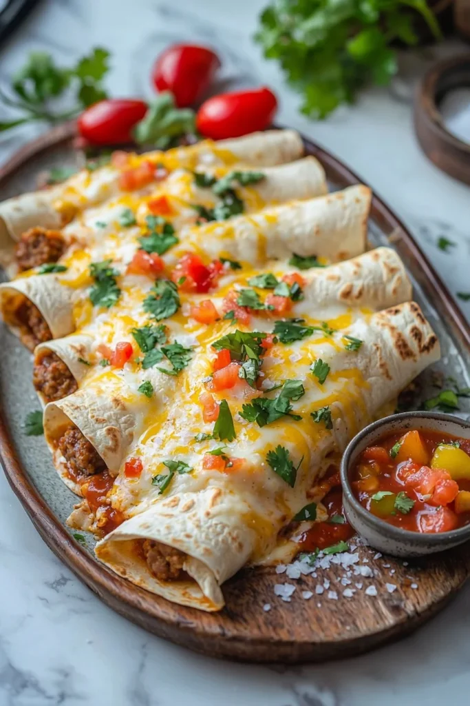 Delicious breakfast enchiladas with eggs, cheese, and fresh toppings