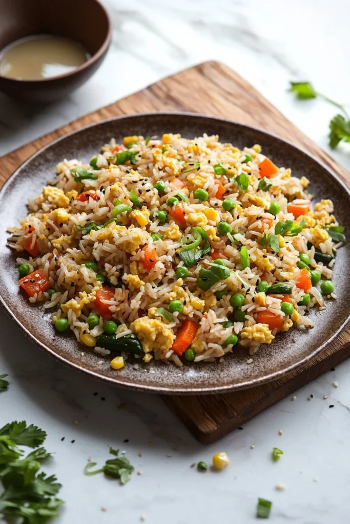 Colorful plate of Breakfast Fried Rice with vegetables and eggs