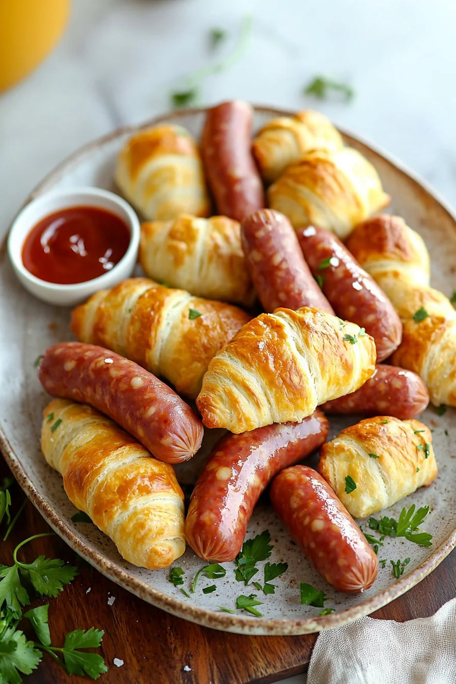 Breakfast pigs in a blanket served on a plate with dipping sauce.