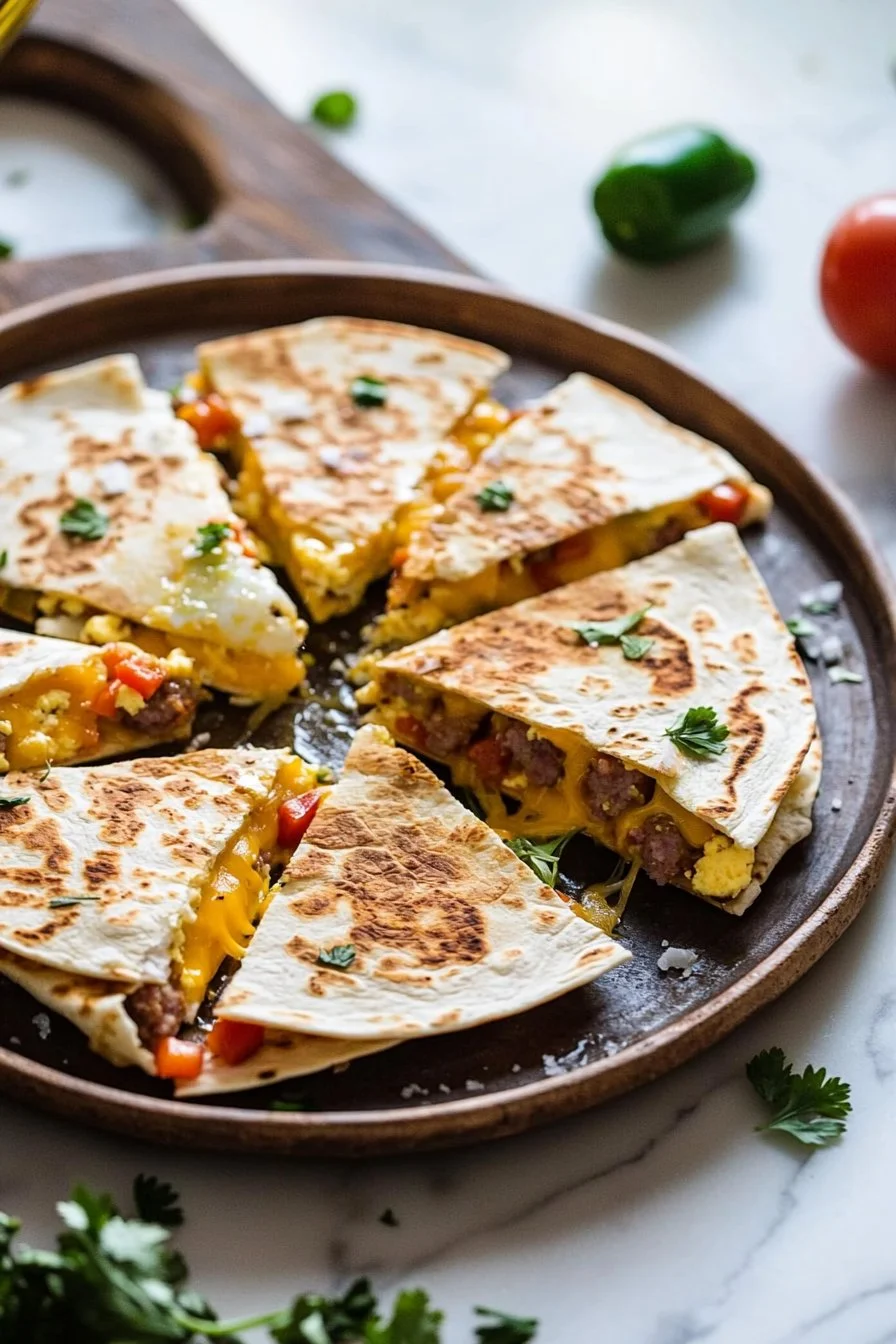 Delicious breakfast quesadillas filled with eggs and cheese on a plate