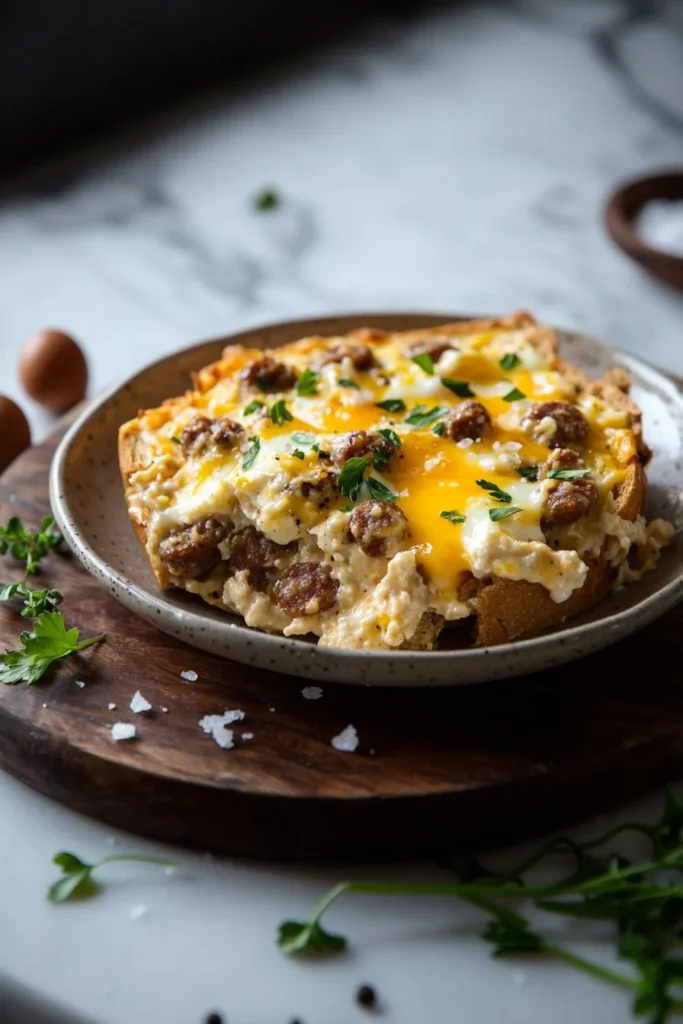 Delicious breakfast sausage casserole dish served in a baking pan