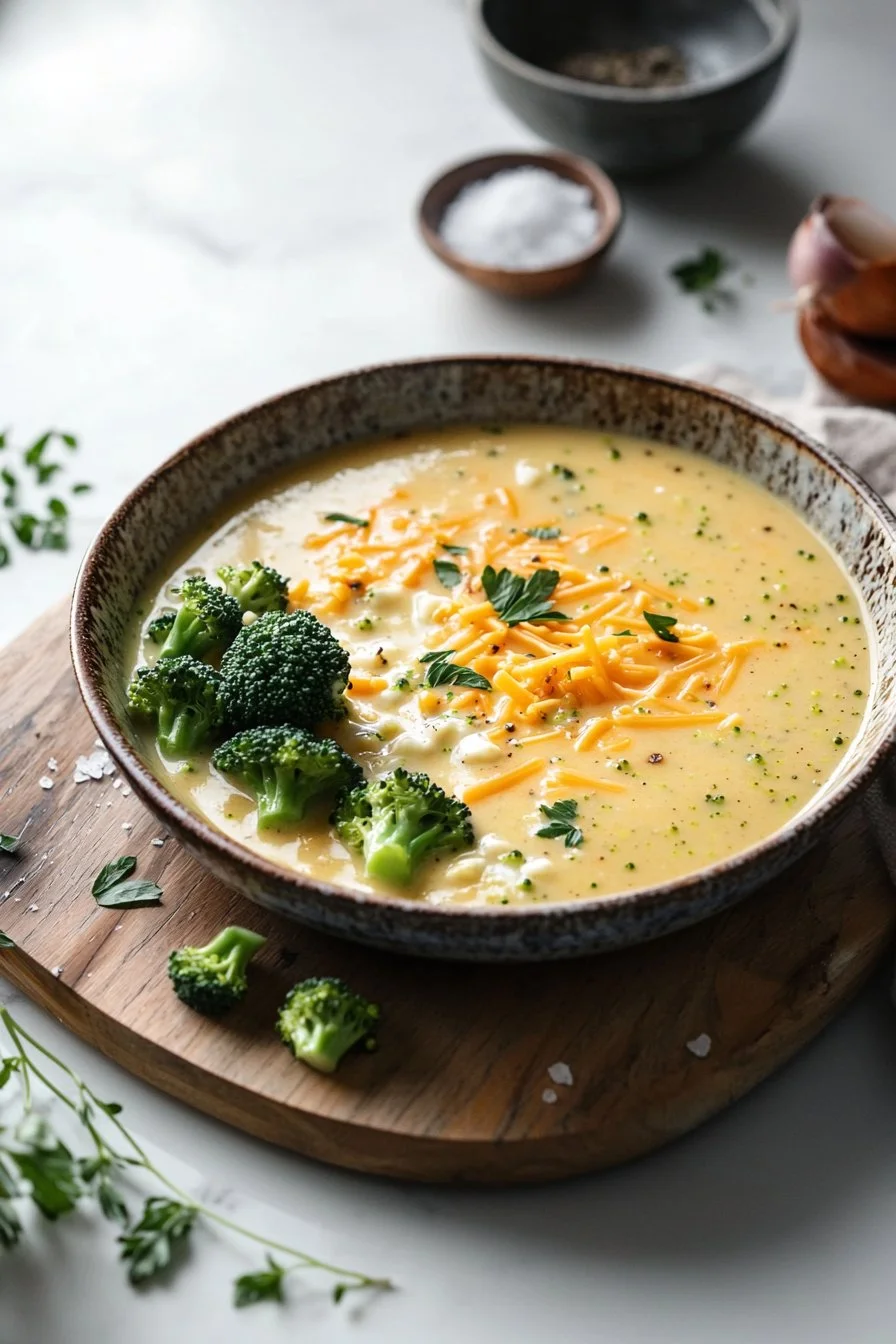Creamy Broccoli Cheddar Soup served in a bowl with fresh broccoli and cheese