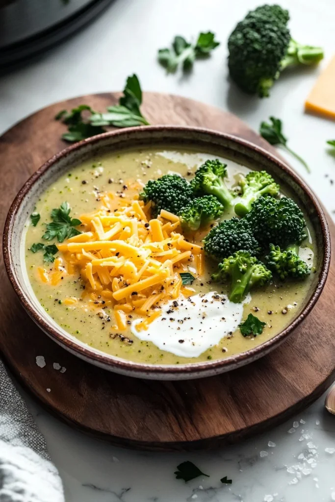 Delicious Broccoli Cheddar Soup made in a crockpot, perfect for a comforting meal.