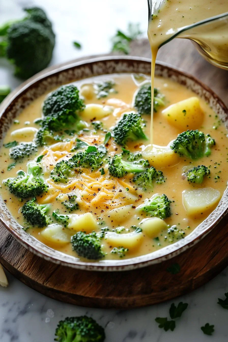A bowl of creamy broccoli potato cheese soup garnished with fresh herbs