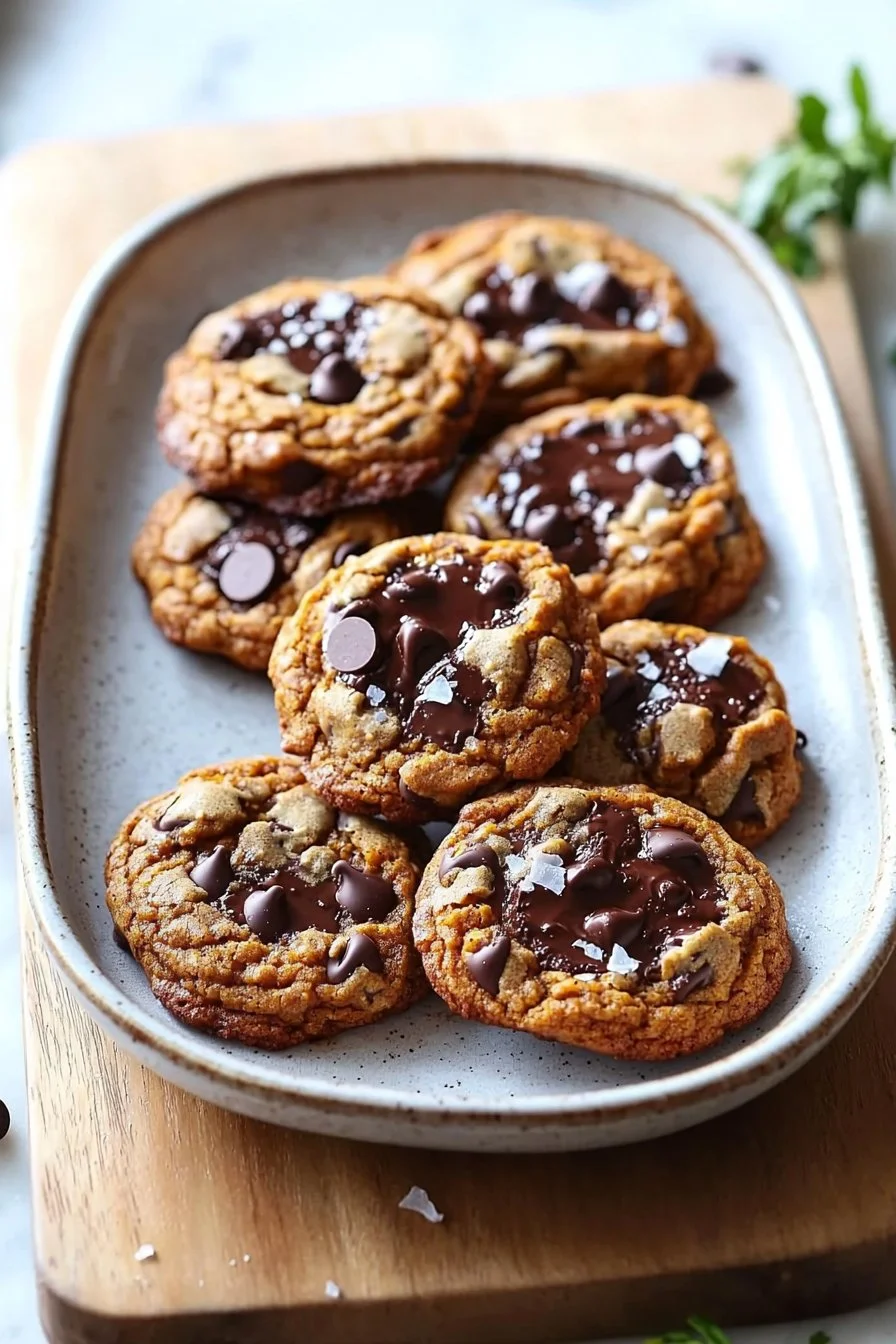 Delicious brown butter pumpkin chocolate chip cookies stacked on a plate