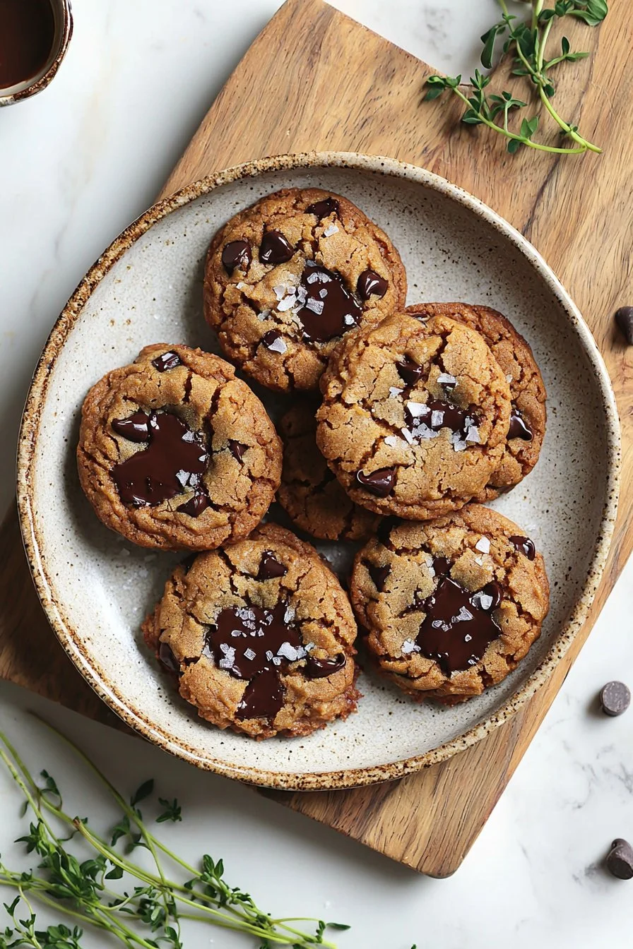 Delicious brown butter pumpkin chocolate chip cookies on a rustic table.