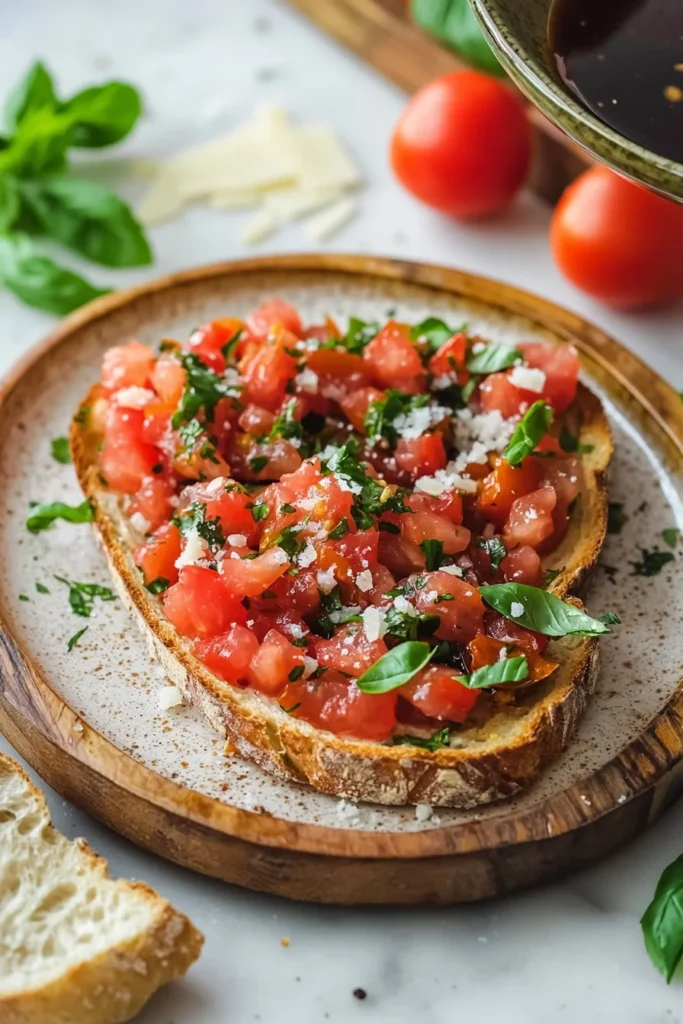 Delicious Bruschetta Dip with tomatoes, basil, and garlic served with crunchy bread