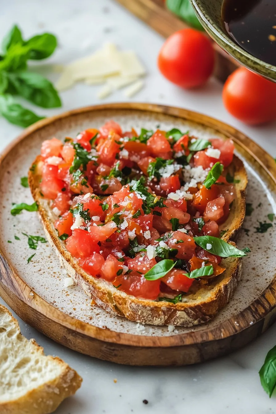 Delicious Bruschetta Dip with tomatoes, basil, and garlic served with crunchy bread