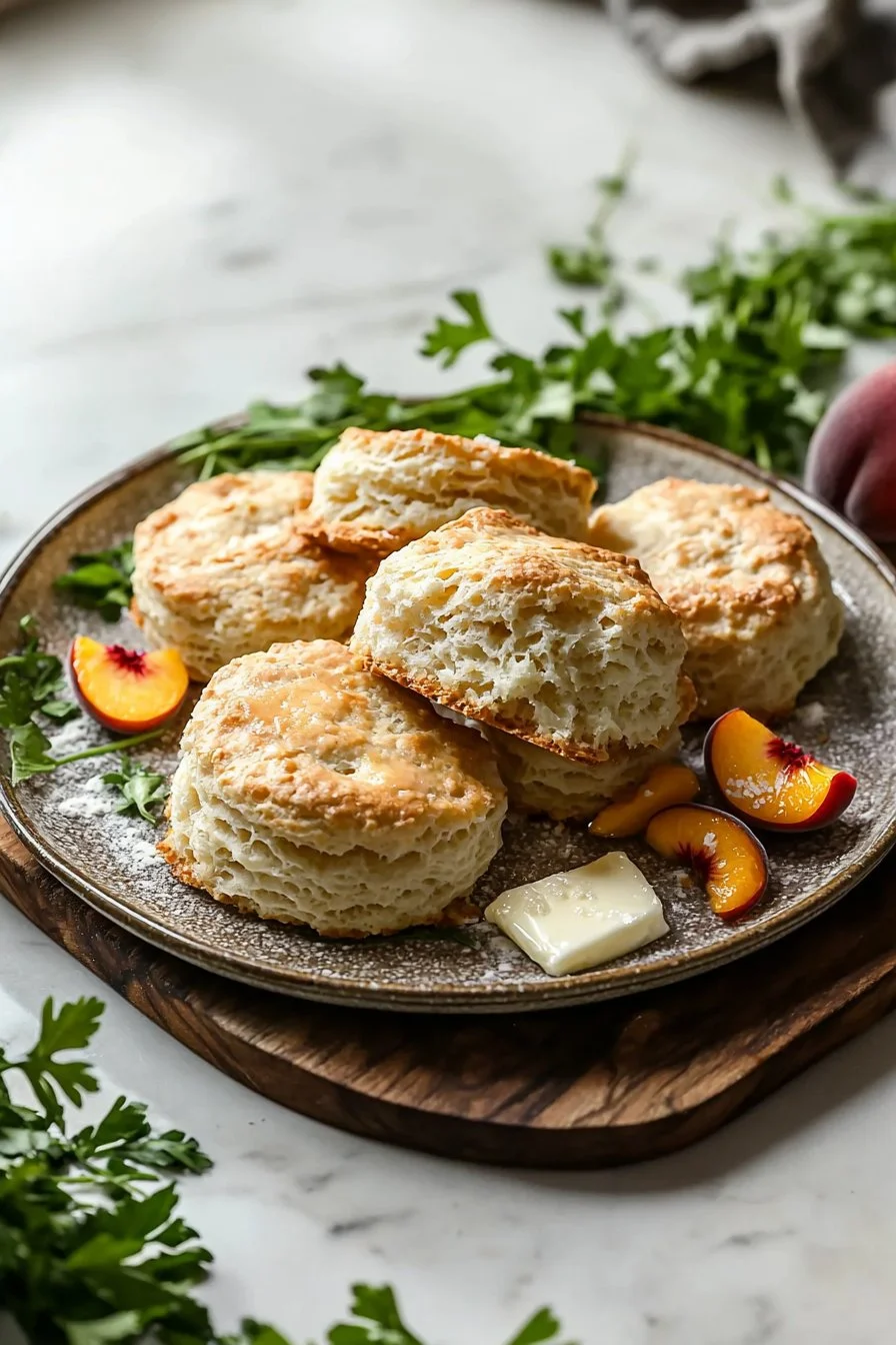 Freshly baked buttermilk peach biscuits with a golden crust and peach slices