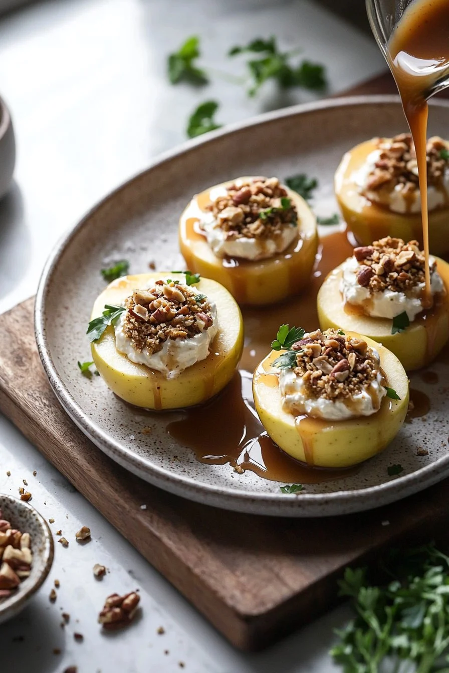 Cheesecake stuffed baked apples topped with caramel and nuts