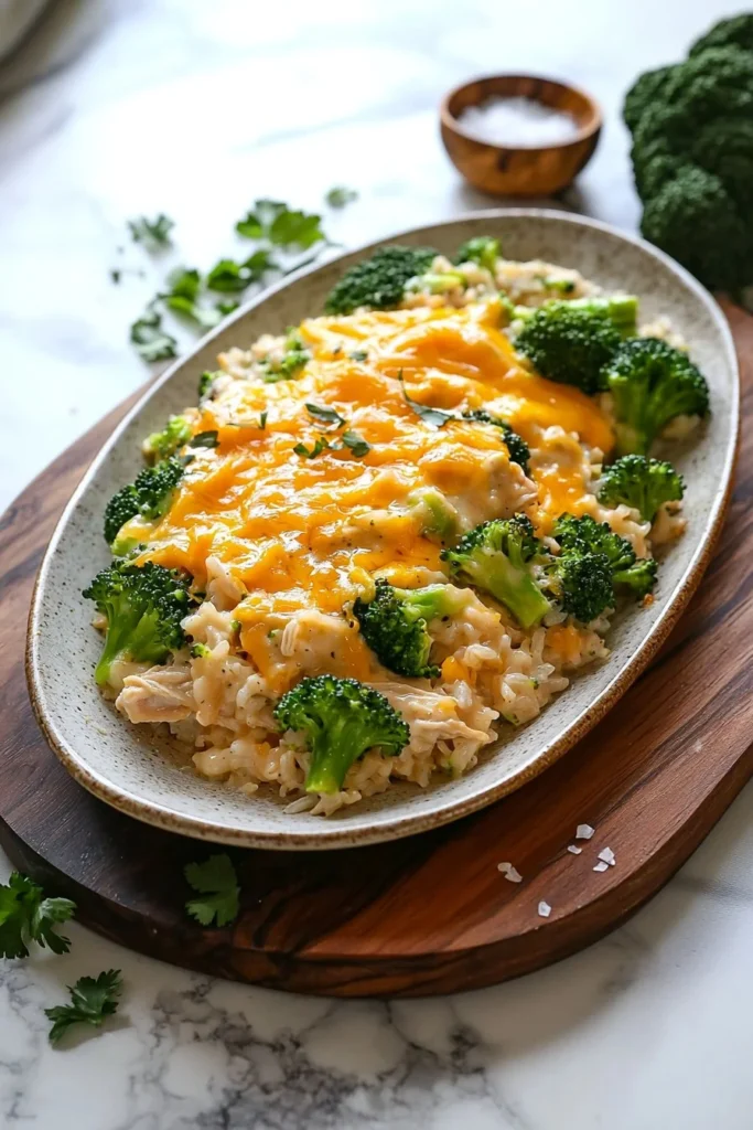 Cheesy broccoli chicken casserole with rice in a baking dish