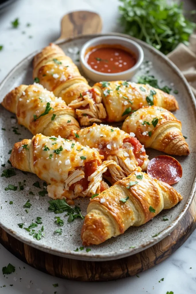 Cheesy Chicken Pizza Crescent Rolls served on a plate