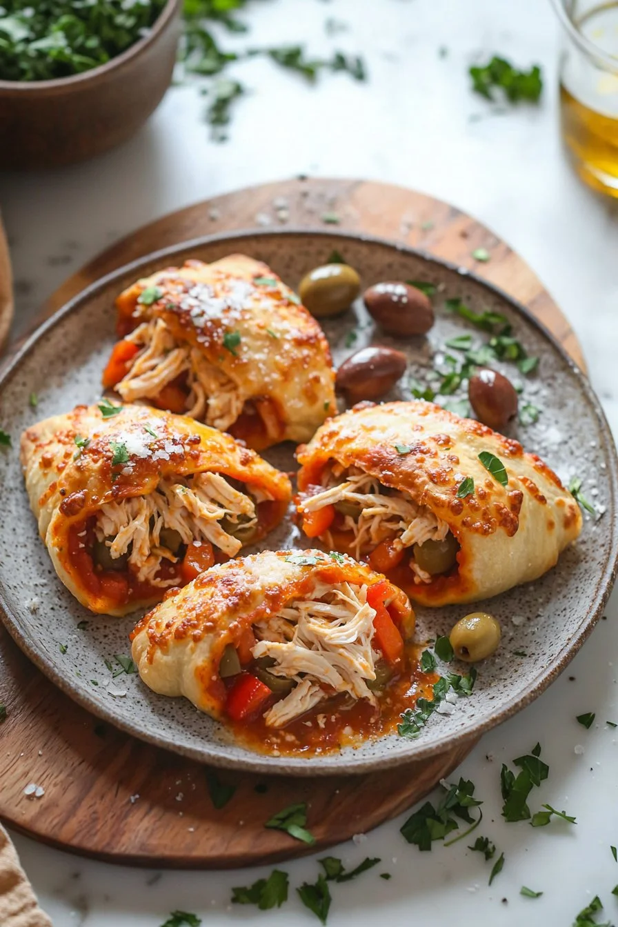 Cheesy Chicken Pizza Pockets, delicious stuffed dough with chicken and cheese.