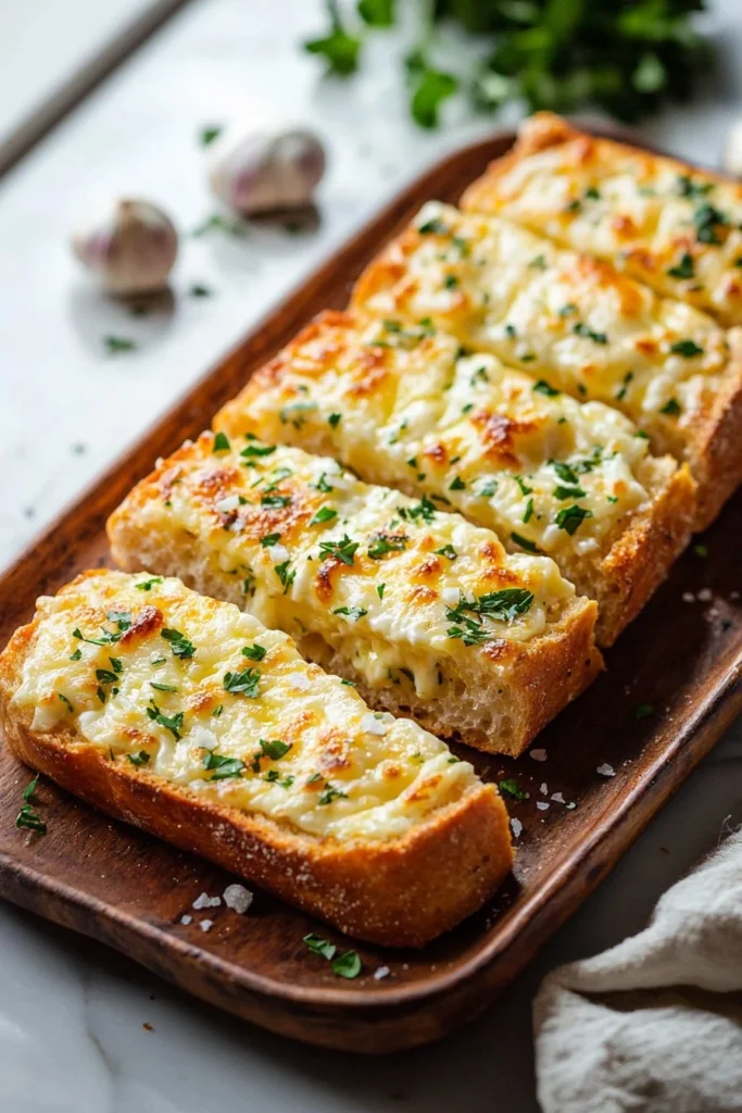 Delicious cheesy garlic bread topped with melted cheese and fresh garlic