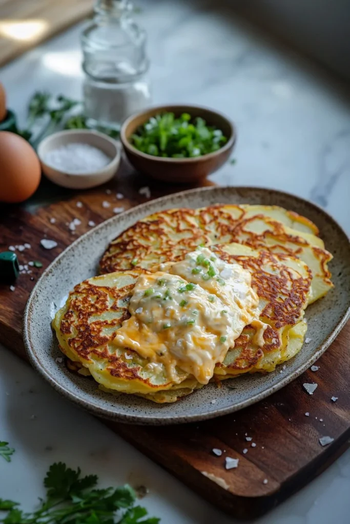 Cheesy potato pancakes served with a dollop of sour cream and fresh herbs