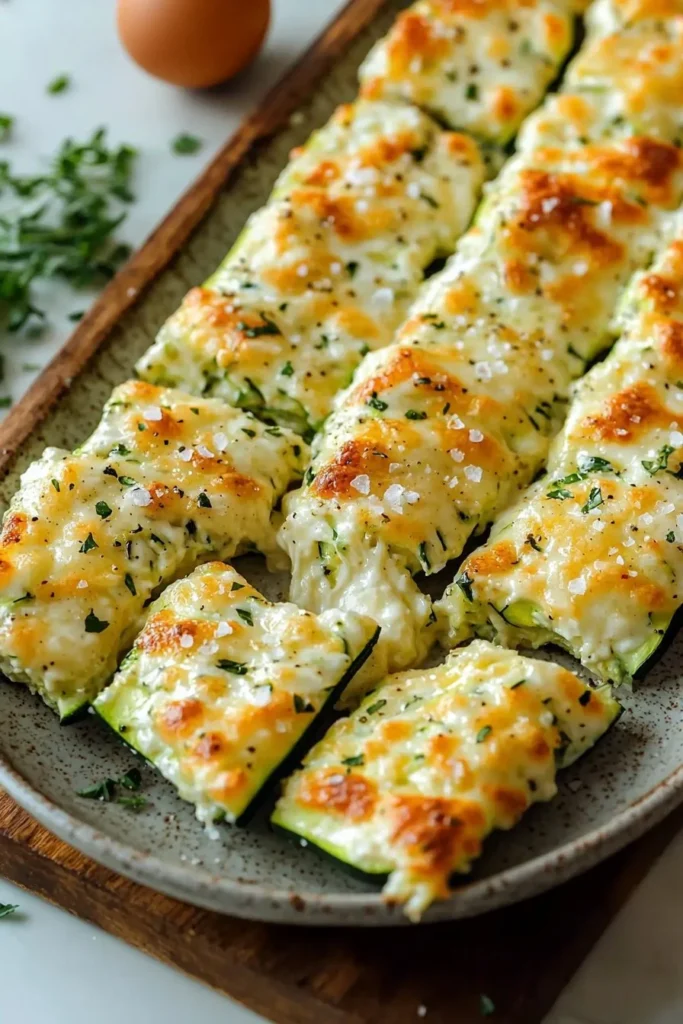 Cheesy zucchini breadsticks served on a plate with herbs and cheese.