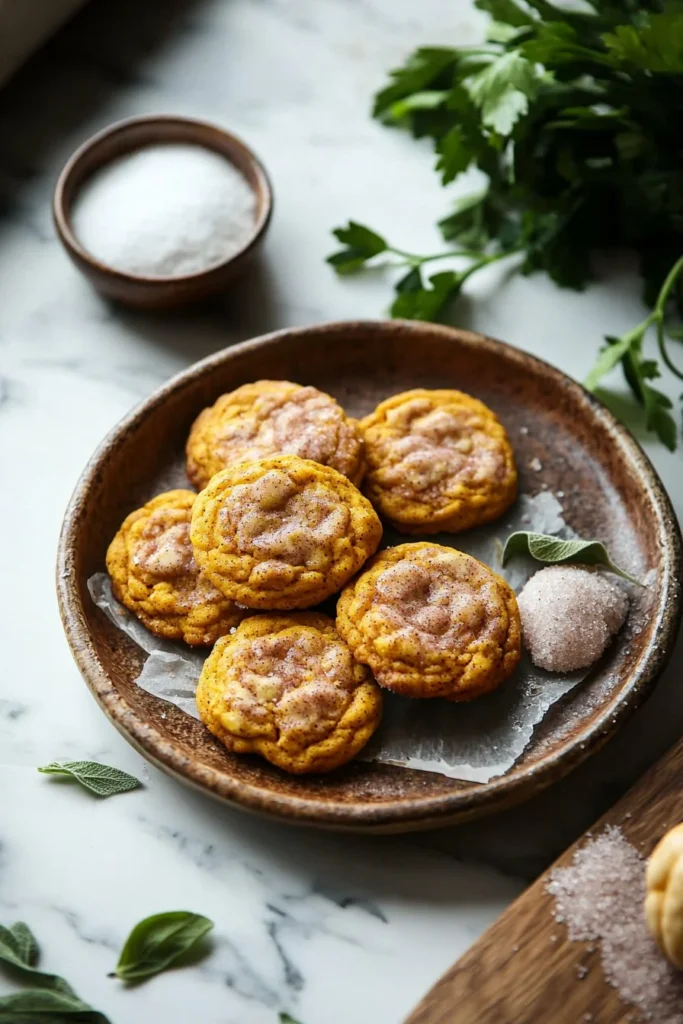 Chewy Pumpkin Snickerdoodle Cookies on a plate with a sprinkle of cinnamon