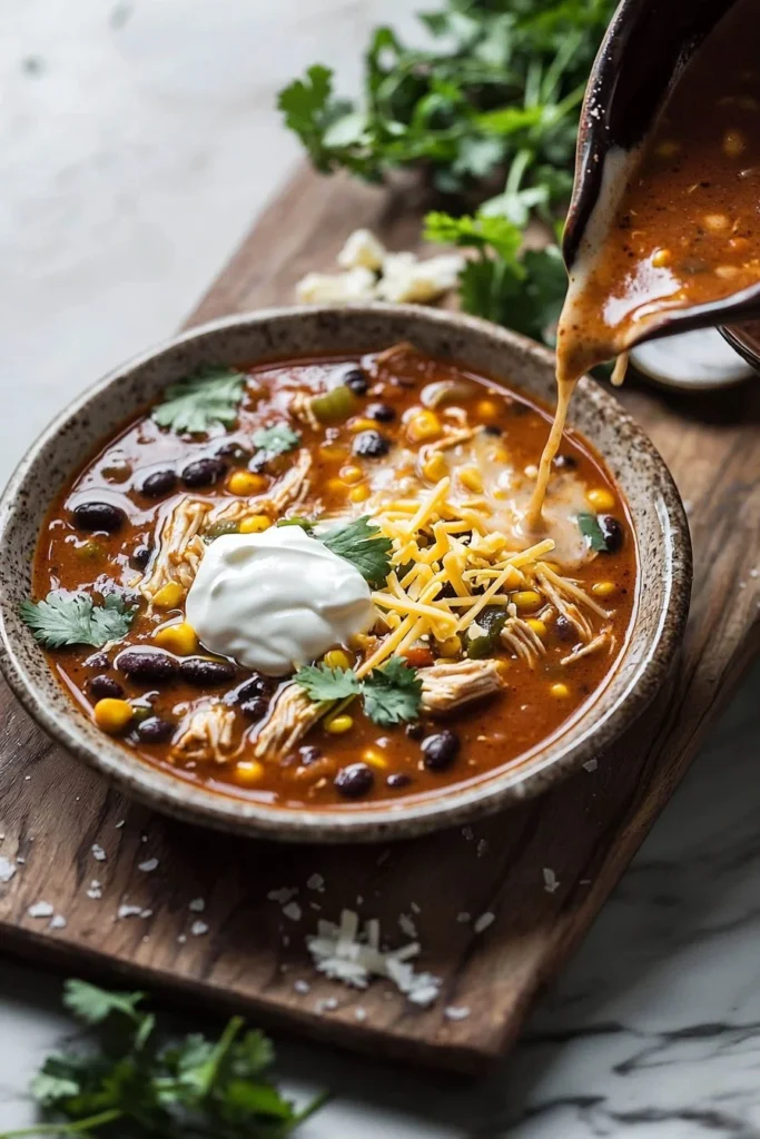 Bowl of homemade Chicken Enchilada Soup garnished with cilantro and avocado.