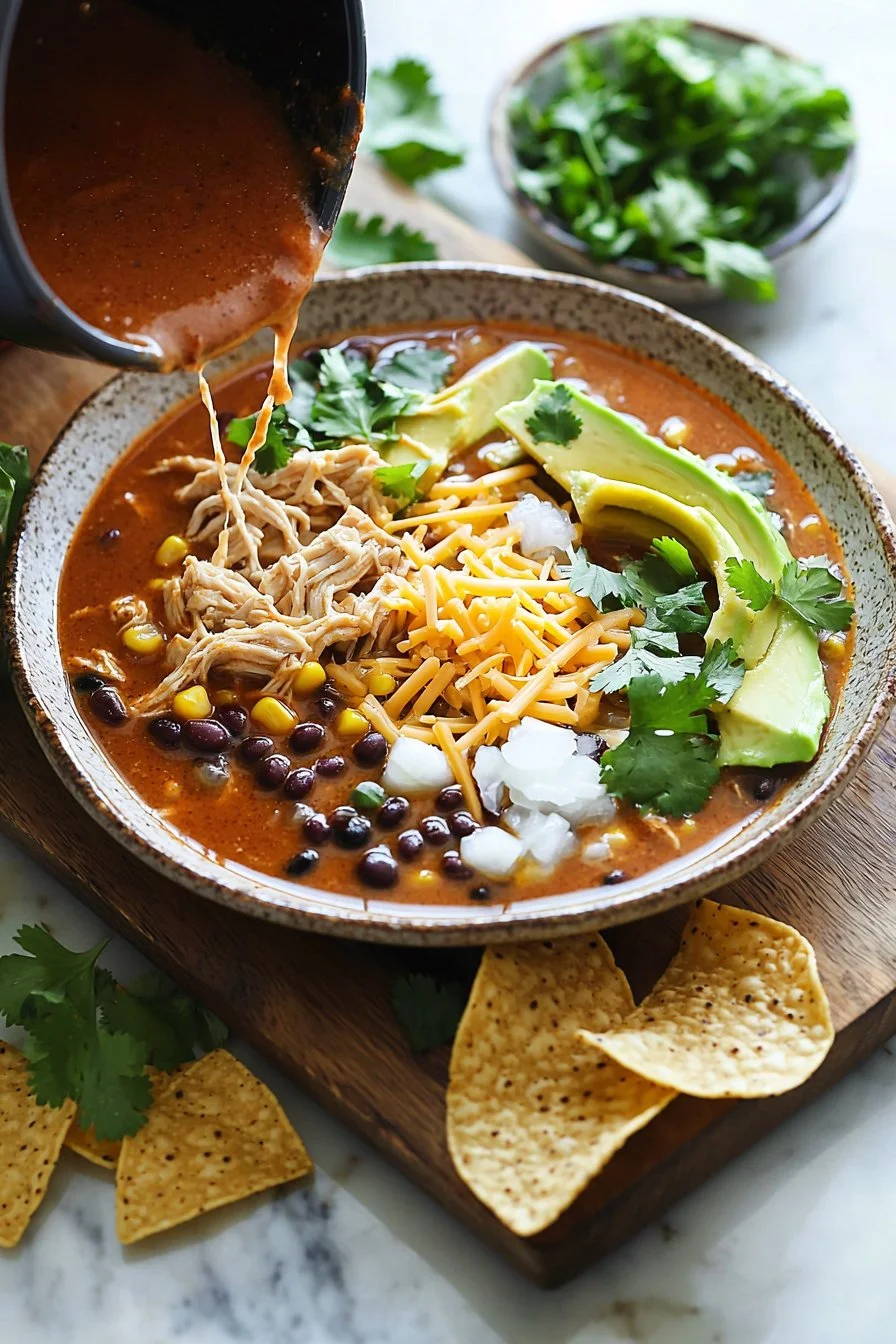 Bowl of hearty Chicken Enchilada Soup with toppings