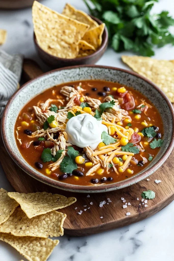 Delicious Chicken Enchilada Soup garnished with cilantro and tortilla strips.