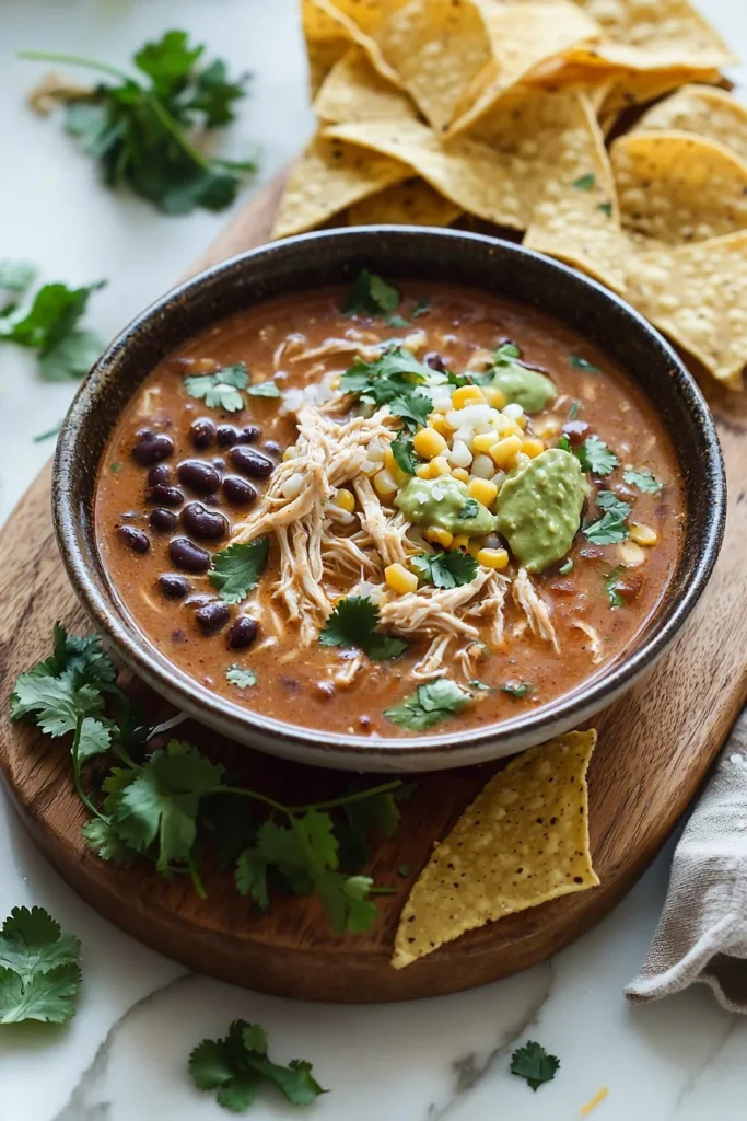 Bowl of flavorful Chicken Enchilada Soup garnished with cilantro and lime