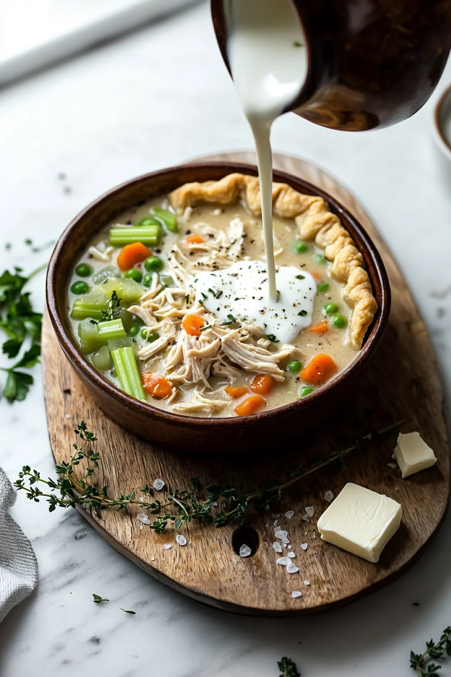 Bowl of creamy Chicken Pot Pie Soup with vegetables and herbs