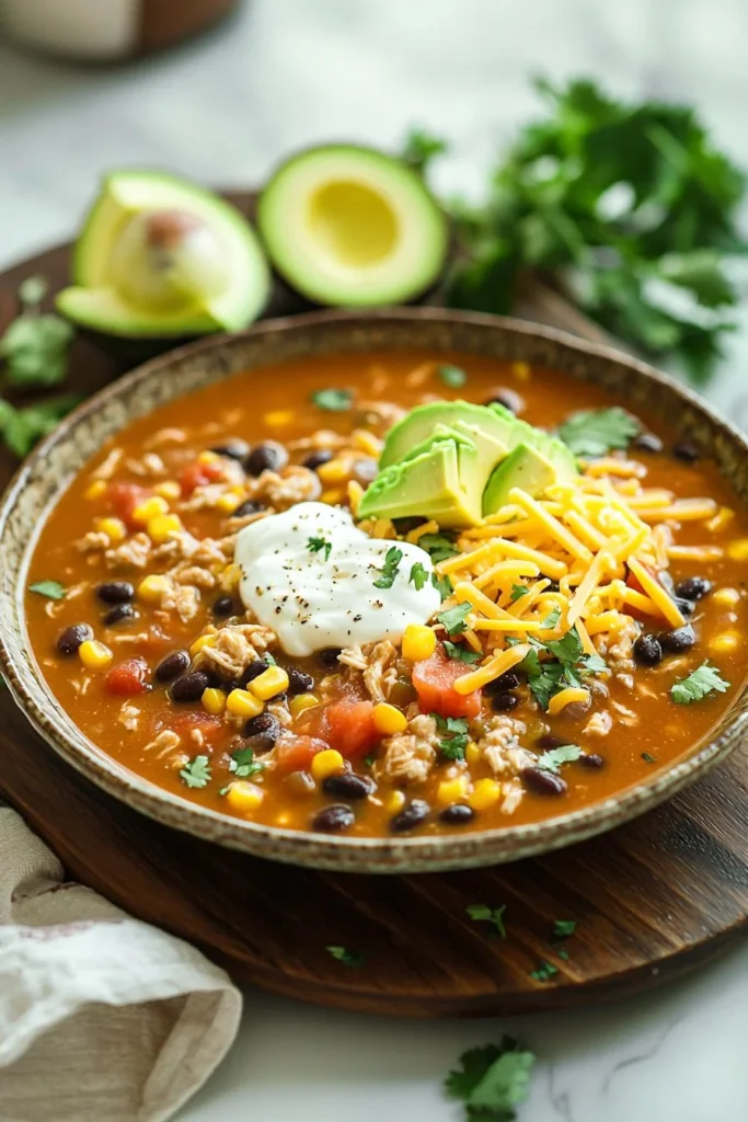 Bowl of Chicken Taco Soup topped with cilantro and avocado