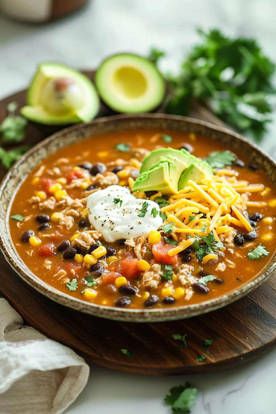 Bowl of Chicken Taco Soup topped with cilantro and avocado