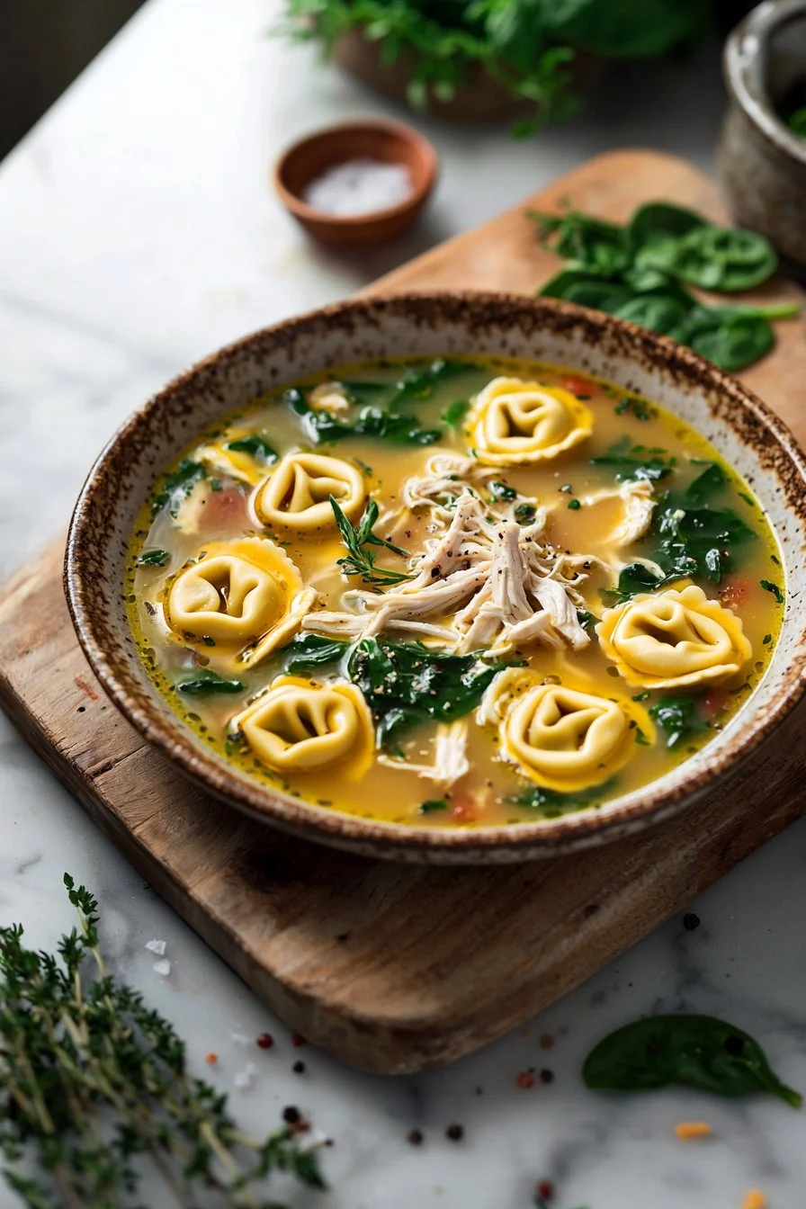 A steaming bowl of Chicken Tortellini Soup garnished with herbs.