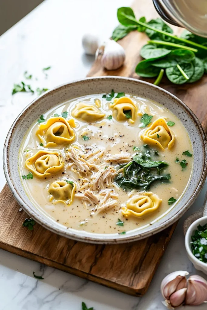 Bowl of Chicken Tortellini Soup with chicken and tortellini in a savory broth