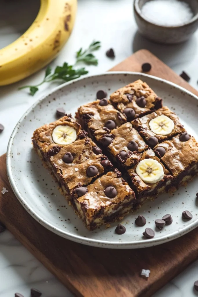 Delicious chocolate chip banana bars served on a plate