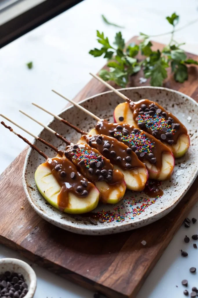 Delicious chocolate covered caramel apple slices on a plate