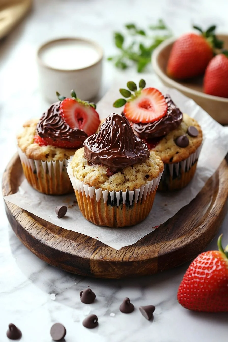 Chocolate dipped strawberry muffins fresh out of the oven