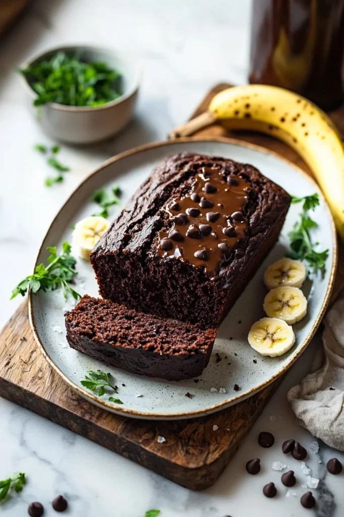Sliced chocolate espresso banana bread on a wooden table with coffee cup