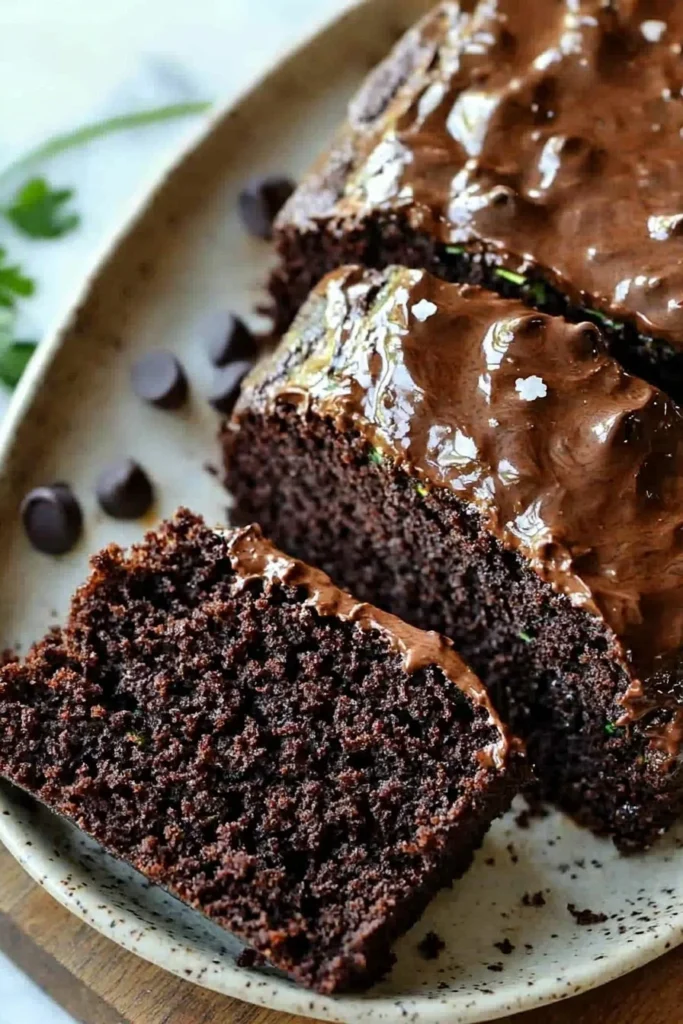 Delicious Chocolate Lover's Zucchini Cake topped with chocolate frosting and garnished